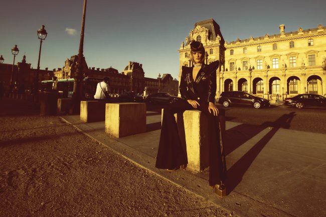 Mauro Lorenzo Fashion Editorial Photographer Advertising Paris France Parigi Toureiffel Pontalexandre Management  Inspiration Moodboard HauteCouture Reinassance fotografiadimoda veil jacket research gold black&white sunset flare pretaporter Portrait altamoda